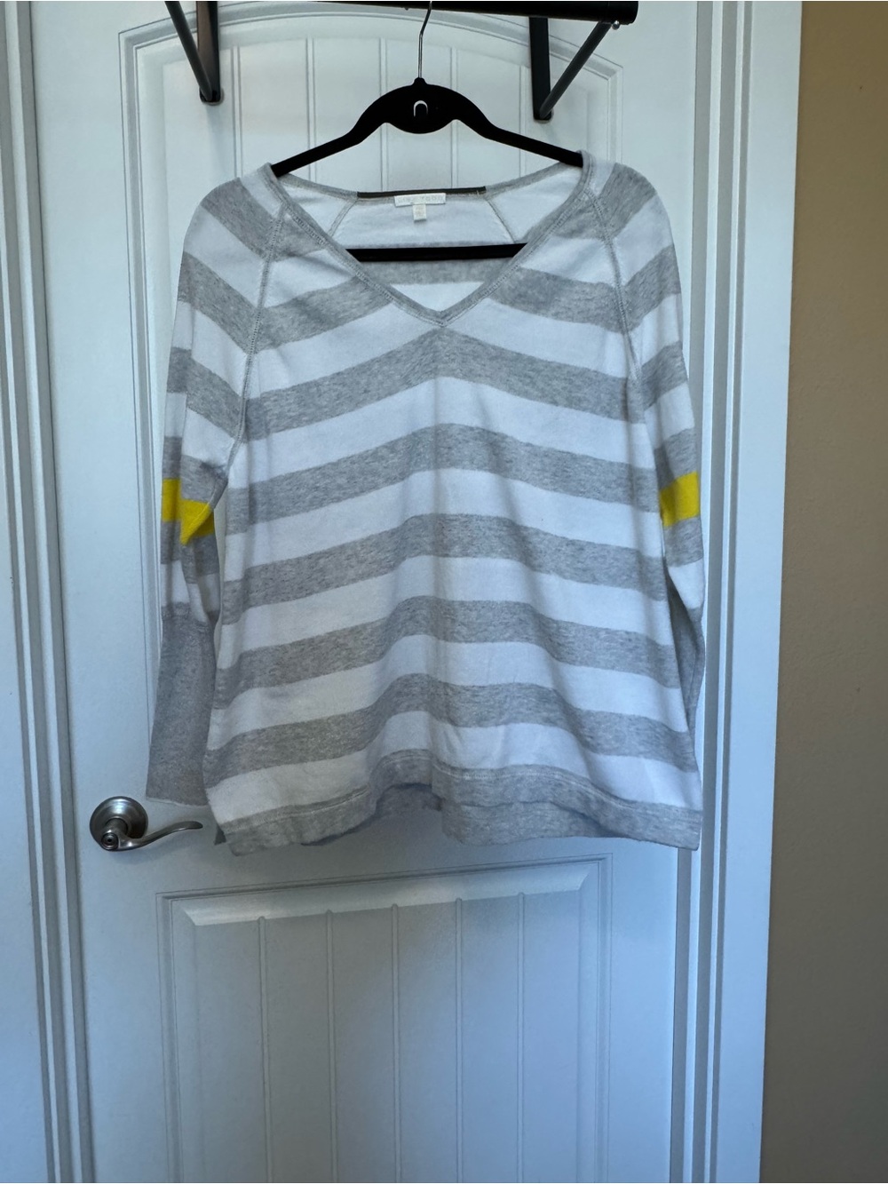 Lisa Todd Gray and White Striped V-Neck Sweater with Yellow Elbow Patches
